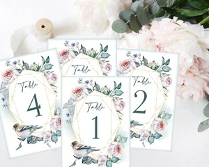 Wild Bird Rose Floral Table Number Cards Wedding Birthday Christening BabyShower - Picture 1 of 4