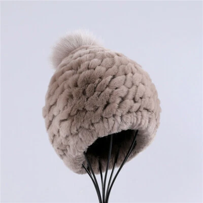Luxury Women Rex Rabbit Hair Beanie Hats Lady Winter Warm Cap With Fox Pom Pom - Image 1 of 4