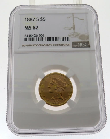 1887 (S) $5 Liberty Head Half Eagle Gold Coin - Graded By NGC MS62 Cover