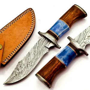 Handmade Damascus Steel 10 Inches Bowie Knife - Solid Marindi Wood Bone Handle - Picture 1 of 8