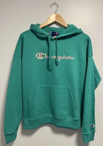 Champion Womens Green Fleece Hoodie Sweatshirt Colorful Logo Medium NEW - Picture 1 of 10