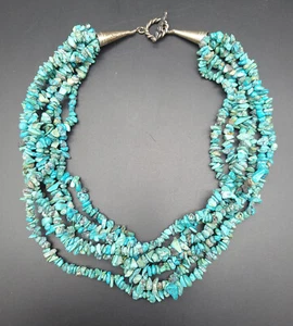 Vintage Sterling Silver Southwestern 6 Strand Turquoise Chip Beaded Necklace - Picture 1 of 4
