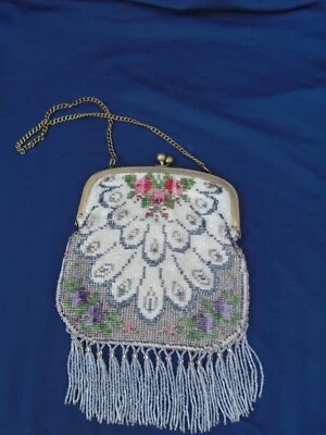 Antique Handmade Micro Seed Beaded Evening Bag Metal Clasp Floral Fringed Chain - Image 1 of 4