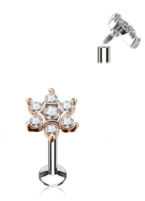 Labio Monroe Stud Calibre 16 1/4" Flor Gemada 5mm Hilo Interno Oro Rosa IP  Foto 1 de 3