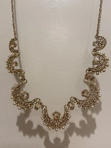 MARCHESA Gold Tone Pink Crystal Rhinestone & Pearl Fan Accent Necklace - Picture 1 of 15
