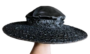Antique Edwardian Womens Wide Brim Hat Black Silk/Sequins O/S 17" Mourning - Picture 1 of 9