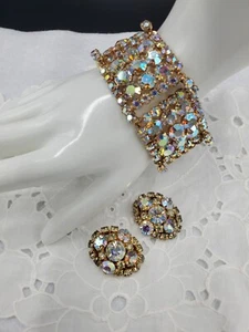 Juliana Huge AB Rhinestone Bracelet Clip On Earrings Set Gold Tone - Imagen 1 de 18