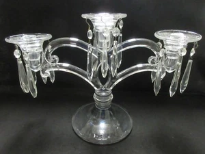 RARE Vintage Unbranded Art Deco 3-Light Glass Candle Holder w/Bobeches & Prisms - Picture 1 of 22