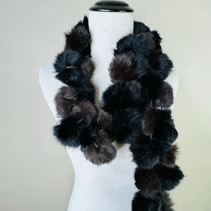 Fur Ball Rabbit Scarf Stole Wrap Black Brown Pom Pom Neck Wrap Accent - Picture 1 of 4