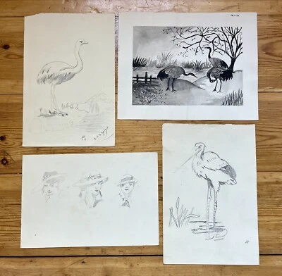 4x 1930s Folk Art Bird Women Illustrations Pen Ink Watercolour Drawings Sketches - Image 1 of 4