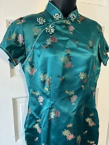 Vintage Solz Squirrel Teal Satin Embroidered Cheongsam Dress ~ Sz 38 - Picture 1 of 5