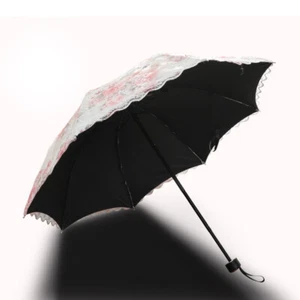 Floral Lace Umbrella Anti-UV Waterproof 3 Folding Embroidery Parasol Wedding - Picture 1 of 16
