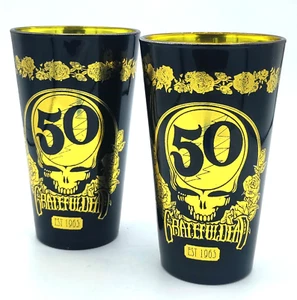 2 Grateful Dead Fare Thee Well 2015 50th Anniversary Gold Black Glass Tumblers - Picture 1 of 11