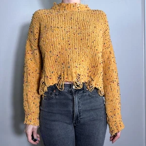 POL Stunning Yellow Distressed Mockneck Cropped Sweater Size Small - Picture 1 of 6