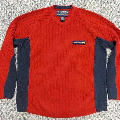 Suéter Grueso Abercrombie Niño Granate/Azul Marino Juvenil Talla Grande Cuello en V Logo Preppy Foto 1 de 4