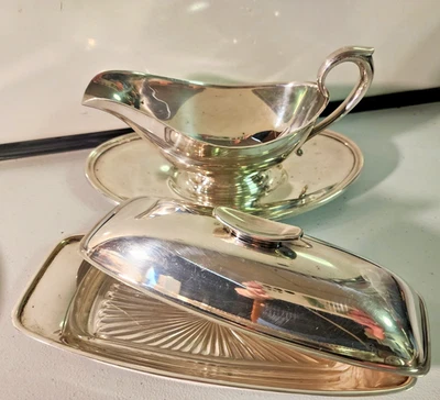 Plato de mantequilla vintage de plata, bote de salsa, plato Foto 1 de 4