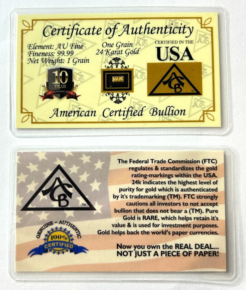 Lingotes de oro fino 9999 ONE GRAIN 24K en ensayo certificado en EE. UU. 1x 1 grano Foto 1 de 4
