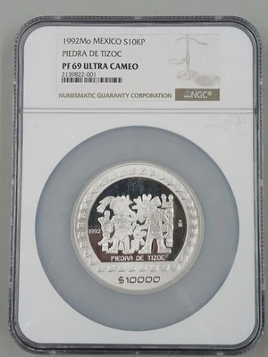 1992 Mexico S10KP 10000 Pesos Silver 5 oz Piedra de Tizoc PF69 NGC Top Pop Coin - Image 1 of 4