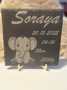 Geburtsgeschenk Taufgeschenk Schieferplatte personalisiert mit Tiermotiv Elefant - Bild 1 von 14