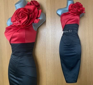 Vestido de cóctel Karen Millen UK 8 negro rojo rosa ramillete un hombro ceñido al cuerpo - Imagen 1 de 12