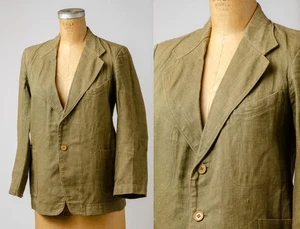 1930s Japanese Linen Coat Olive Green Slant Pocket Workwear Jacket - Picture 1 of 6