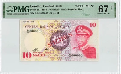LESOTHO 10 Maloti 1981, P-6s1, SPECIMEN, PMG 67 EPQ Superb Gem UNC, TOP POP - Image 1 of 2