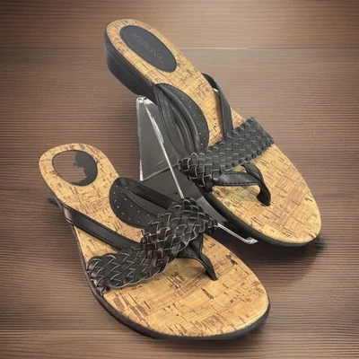 Merona Womens Sandals Size 7.5 Black Leather Thong Heel Low Heel Wedge Slip On - Image 1 of 4