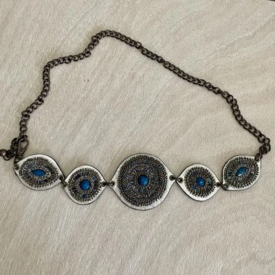 Chico's Beaded Leather Boho Chain Belt Size Med 39” Adjust Metallic & Turquoise - Image 1 of 4