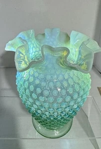 Fenton Green Blue Ombré Opalescent Hobnail Glass Double Crimped Vase 6 H X 4.5 W - Picture 1 of 14