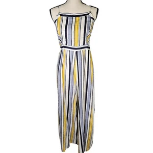 Mystree Wide Leg Open Back Striped Romper, Ivory/Yellow/Blue, Large - Picture 1 of 17