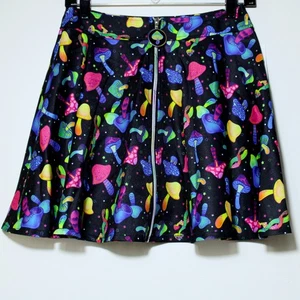 Body Rage Juniors Rainbow Mushrooms Skater Skirt Black Colorful Size M - Picture 1 of 7