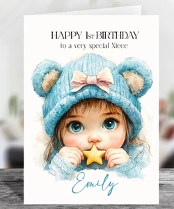 Personalised Cute Baby Girl & Star Glossy Birthday Card - Choose Size, Any Age - Picture 1 of 3