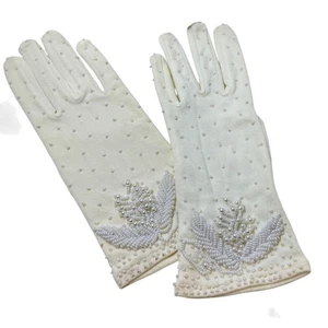 Vintage White Nylon Gloves Beaded Stretch One Size Made in Hong Kong Formal - Picture 1 of 5