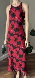 Y2K Chelsea Nights Silk Floral Dress 90s Vintage Sz 12 Red Black - Picture 1 of 10