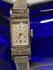 Vintage Womans 10kt White Gold Elgin 17 Jewels Swiss Made Watch with 8 Diamonds - Picture 1 of 8