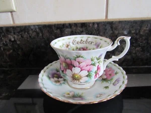 VINTAGE ROYAL ALBERT COSMOS OCTOBER FLOWER OF THE MONTH TEACUP & SAUCER - Picture 1 of 13
