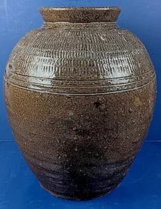 LARGE ANTIQUE CHINESE QING DYNASTY BROWN GLAZED POTTERY STORAGE VESSEL - Picture 1 of 6