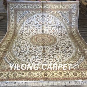 YILONG 8'x10' White Hand Knotted Silk Carpets Oriental Handmade Area Rug ZW182C