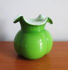 Hand Blown Cased Glass Vase Green White Round Melon Shape 4" No Label 