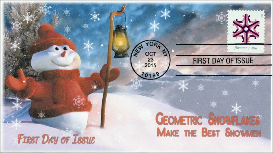 2015, Geometric Snowflakes, Red, FDC, BW Postmark, Snowman, 15-289 - Image 1 of 1