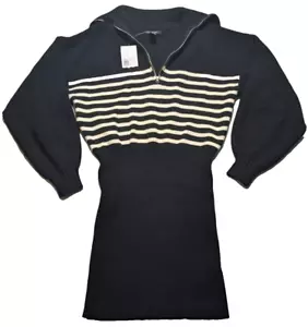 FOREVER 21 Women Large Black Vanilla Striped Loose Lapel Sweater Mini Dress NEW - Picture 1 of 24