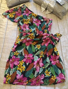 BERSHKA Floral One Sleeve Dress XS Pink Green Yellow Tie Belt Chiffon Wrap ZARA - Picture 1 of 12
