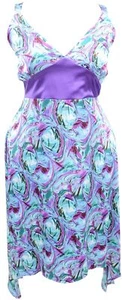 Sexy V-Ausschnitt Stretch Satingrün Druck Riemen 2 Punkt Saum Kleid Damen - Bild 1 von 3