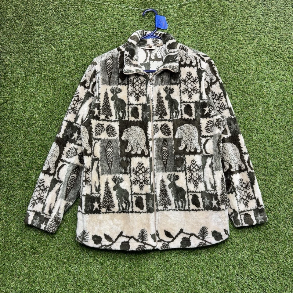 Vintage Nature Cardigan Sweater Womens Large Ridge North Country Fleece AOP Zip - Image 1 of 4