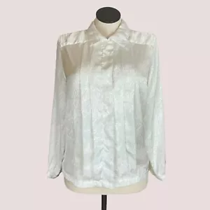 Vintage Blouse Swirly Pattern Long Sleeves 90s Fancy Cream White Top Size 12 - Picture 1 of 9