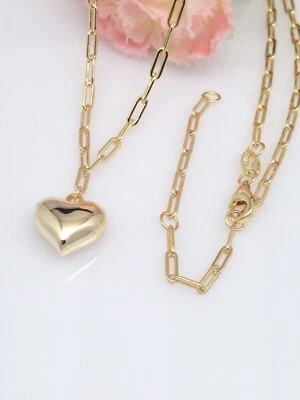Collar colgante de corazón de plata esterlina amarillo real clip cadena de eslabones hinchada Foto 1 de 4