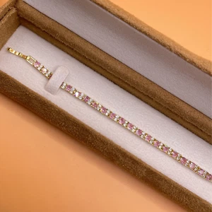 Yellow gold finish pink tourmaline round cut 2 tiny created diamond bracelet - Picture 1 of 6