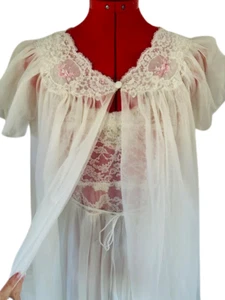 Vintage 50s Shadowline Bridal Peignoir Set S Sheer Ivory Lace Chiffon Gown Robe - Picture 1 of 18