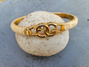 VINTAGE 70'S GUCCI Beige/ Leather Snakeskin 24K Gold Plated Bangle Bracelet 