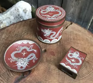 Vintage 1920/30's Cloisonné box ashtray matchbox cover set imperial dragon 3pc - Picture 1 of 15